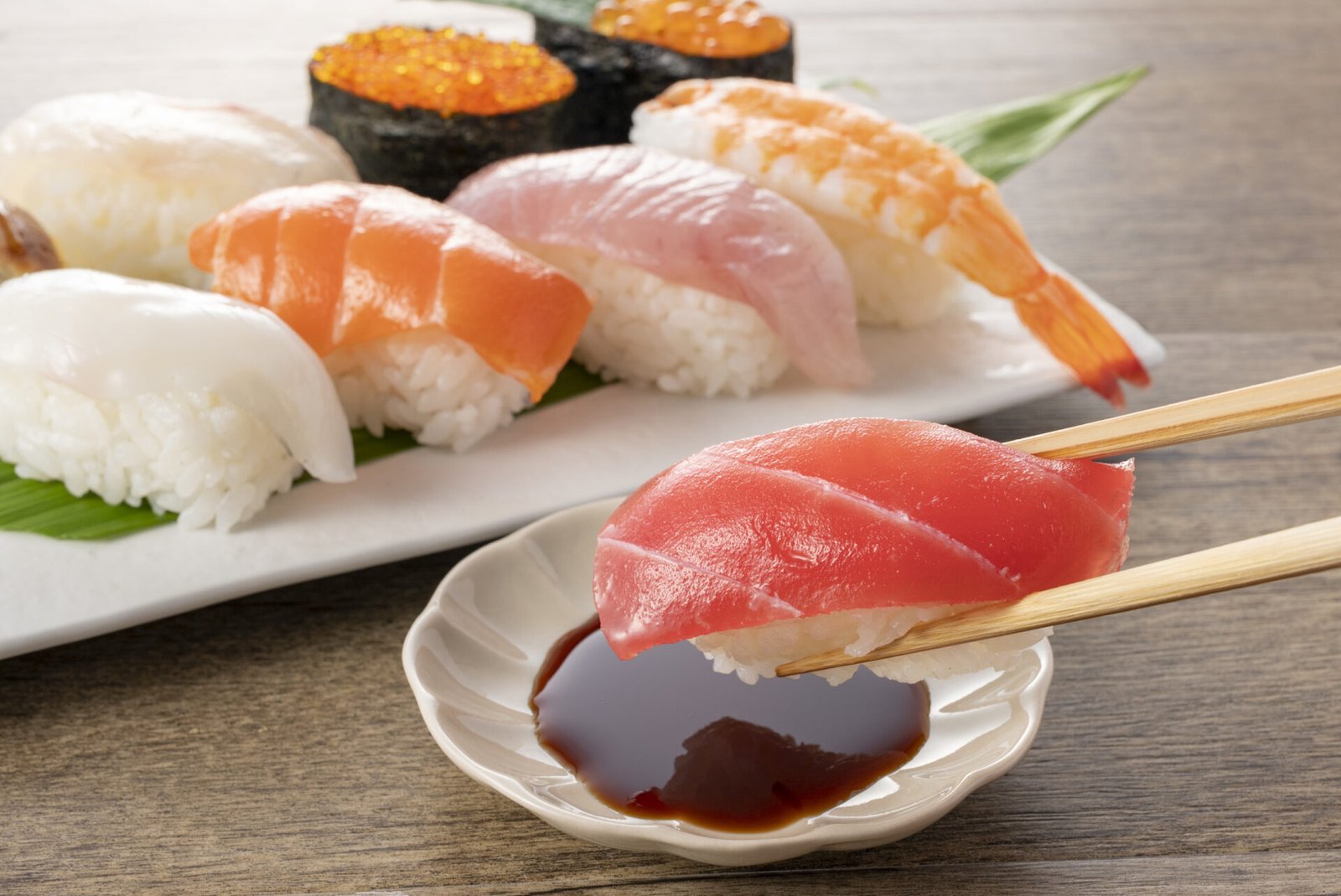 Japanese sushi in soy sauce